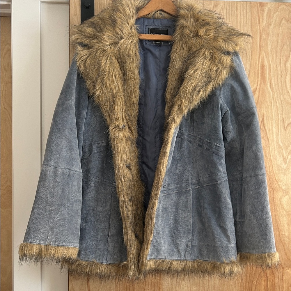 Vintage Blue Suede Faux Fur Trimmed Jacket